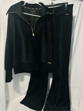 Halston Heritage Black Velour Track Pants & Zip-Neck Top